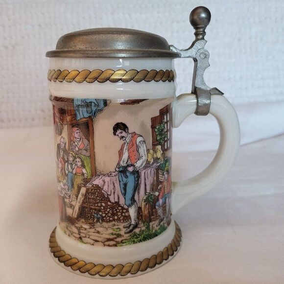 Vintage German Beer Stein Lithopane Mug w/att. handle Soldier Peasants Porcelain - Picture 1 of 10
